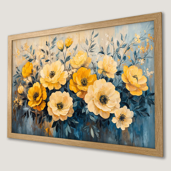 Framed Poster featuring vibrant yellow floral art with a blue and gold color palette, perfect for home decor.