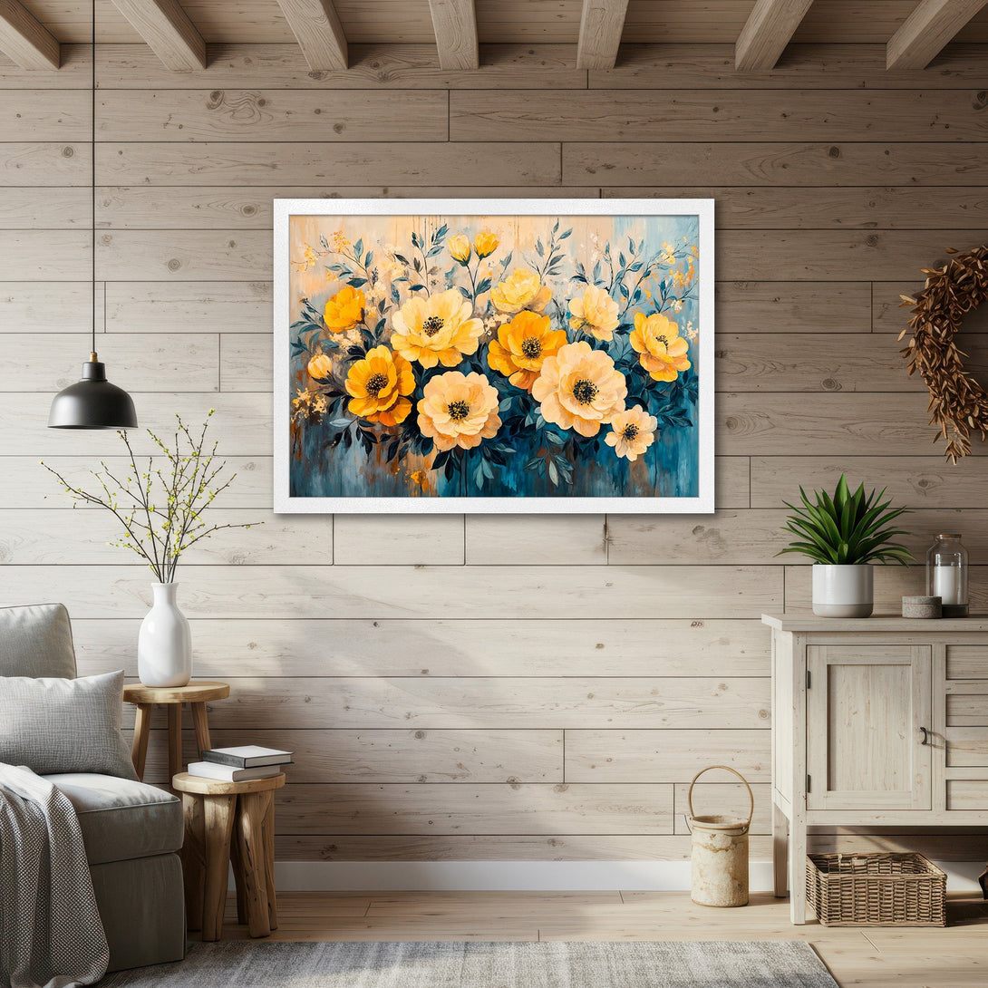 Framed Poster featuring vibrant yellow floral art, painted in a modern style with a teal and yellow color palette. Perfect wall decor!