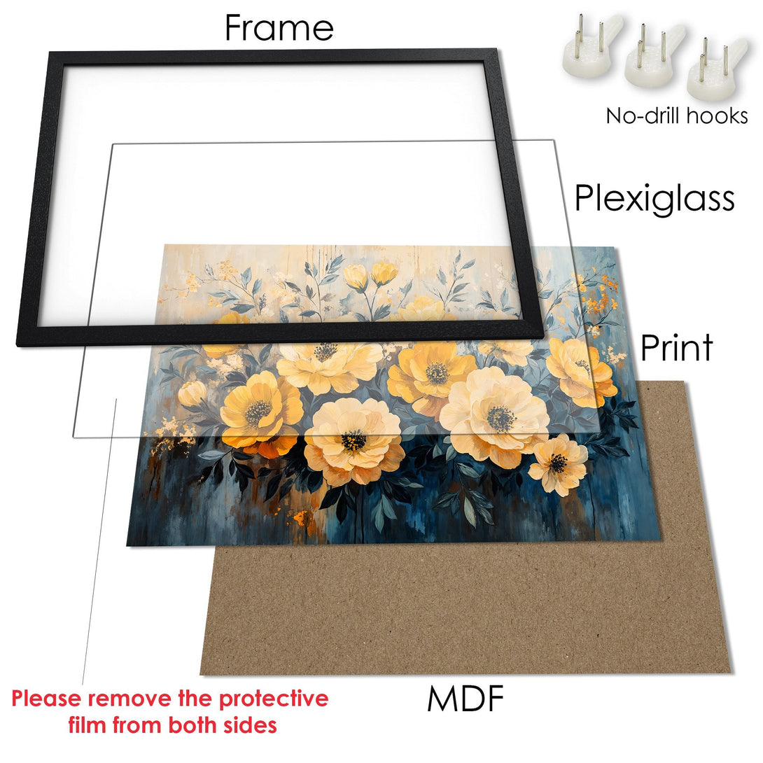 Framed Poster featuring a floral art print in a black frame. The color palette includes yellow, blue, and neutral tones.