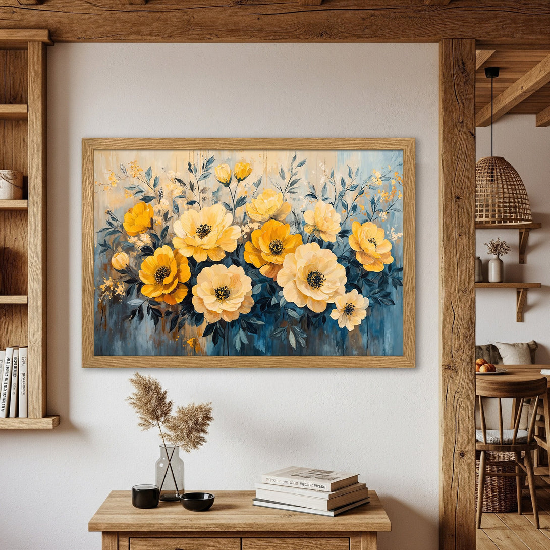 Framed Poster featuring vibrant yellow floral art. Modern style with a blue and yellow color palette. Perfect wall decor!