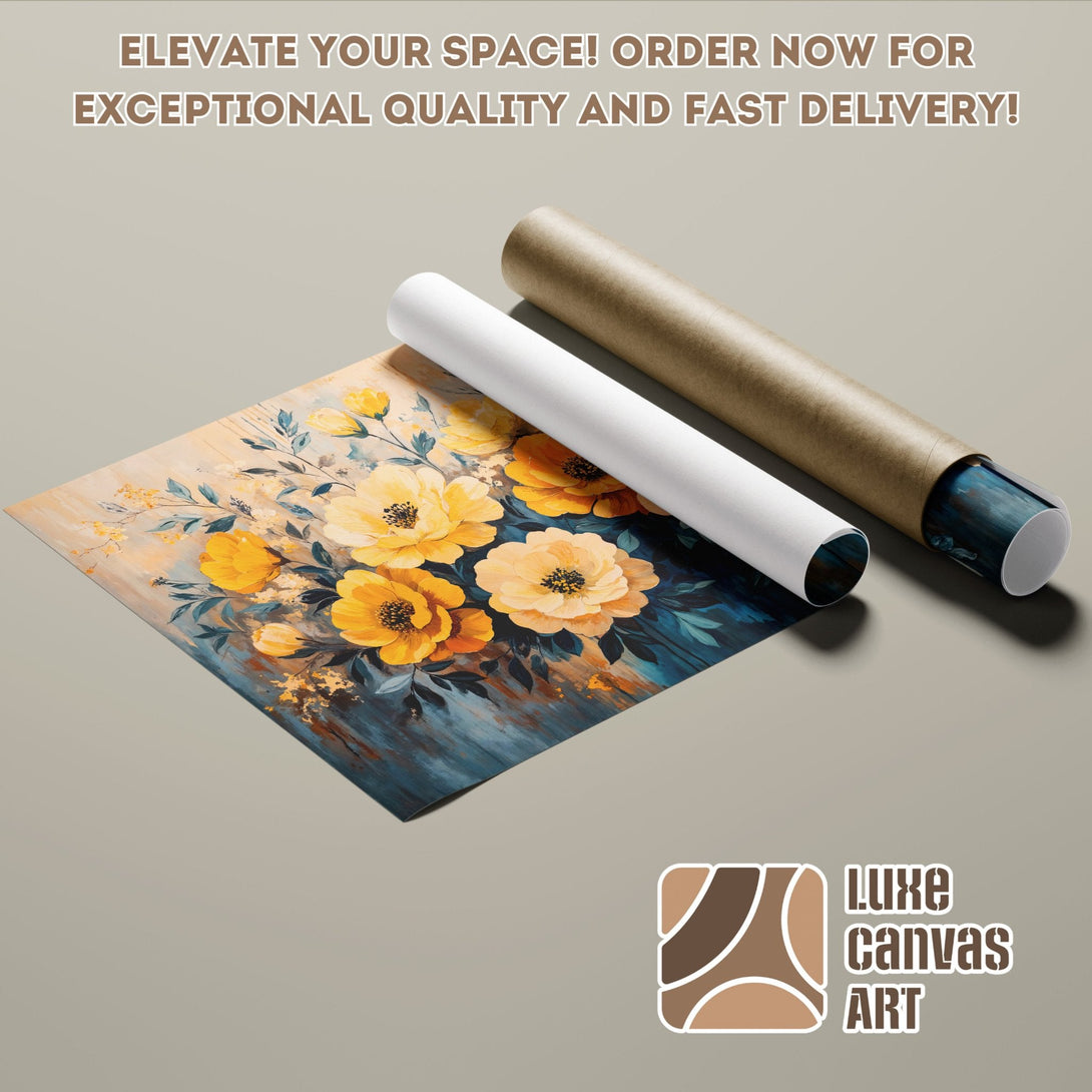 Floral Poster Roll featuring yellow flowers, blue & gold palette. Elevate your space with Luxe Canvas Art!
