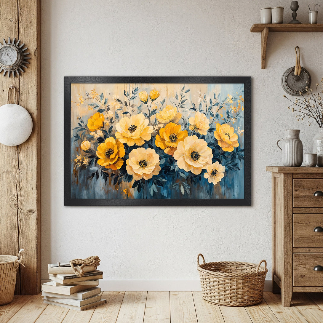 Framed Poster featuring vibrant yellow floral art, painted in a stylish impressionistic style with a blue and yellow color palette.