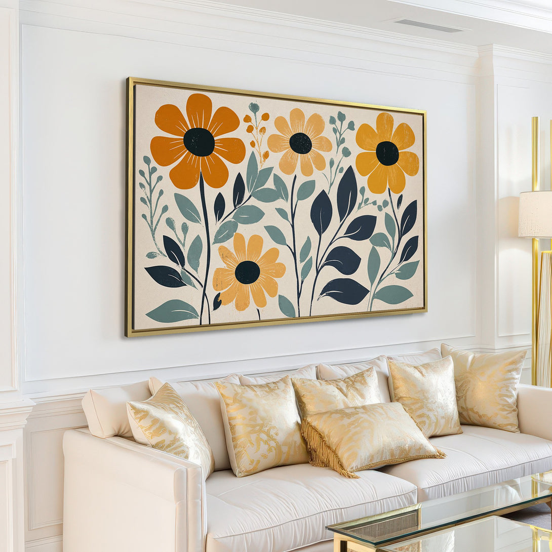 Canvas Print featuring a modern floral design in mustard yellow, navy, and grey. Perfect for adding a pop of color to any living room.
