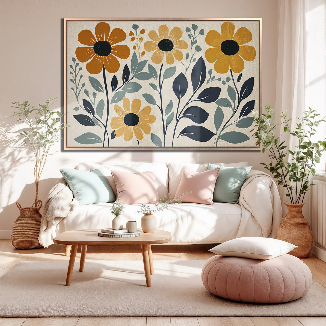 Framed Wall Art featuring a floral botanical design in a warm, inviting color palette of mustard yellow, navy, and muted greens. Perfect for modern decor.