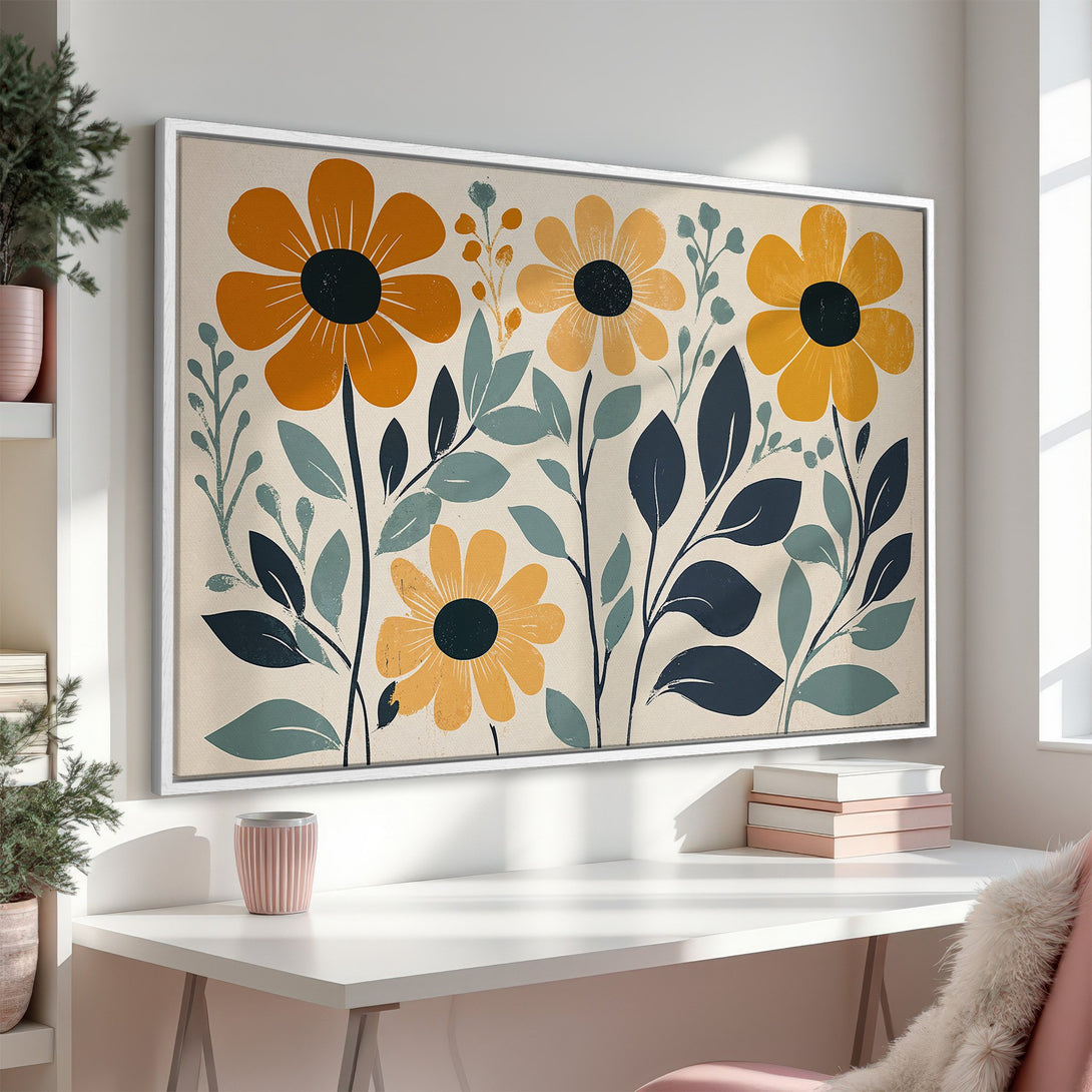 Framed Wall Art: Modern floral Canvas Print in warm yellow, blue & beige tones. Perfect for adding a touch of nature-inspired art to your home decor.
