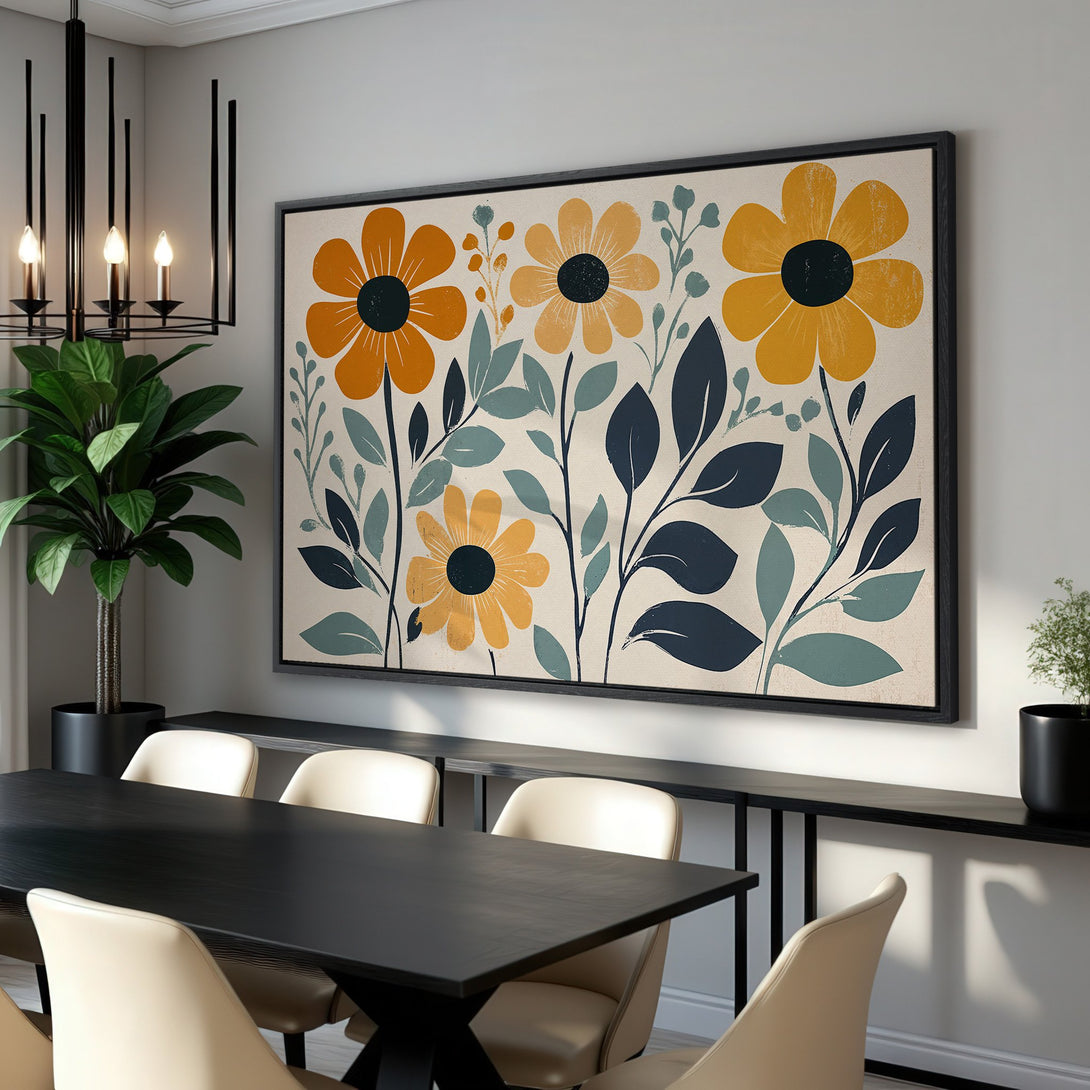 Framed Wall Art featuring a floral design in a modern, minimalist style. Warm yellow, orange, and blue color palette. Perfect for home decor.