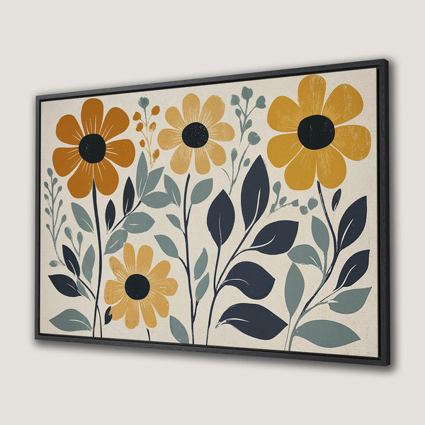 Framed Wall Art featuring a floral design in a mid-century modern style. Yellow, blue, and neutral tones create a calming aesthetic.