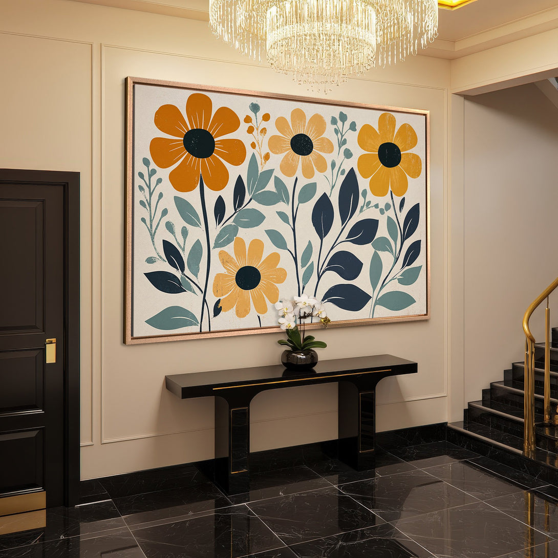 Framed Wall Art: Modern floral print in orange, navy, and teal. Adds a pop of color to any space. Shop our Canvas Print collection today!