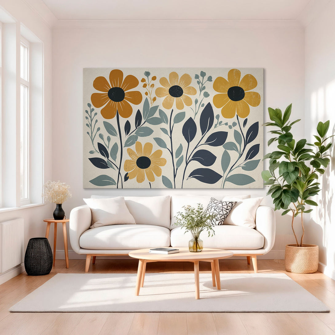 Framed Wall Art featuring floral design in a modern style. Warm color palette with orange, yellow, and blue hues. Perfect for living room decor.