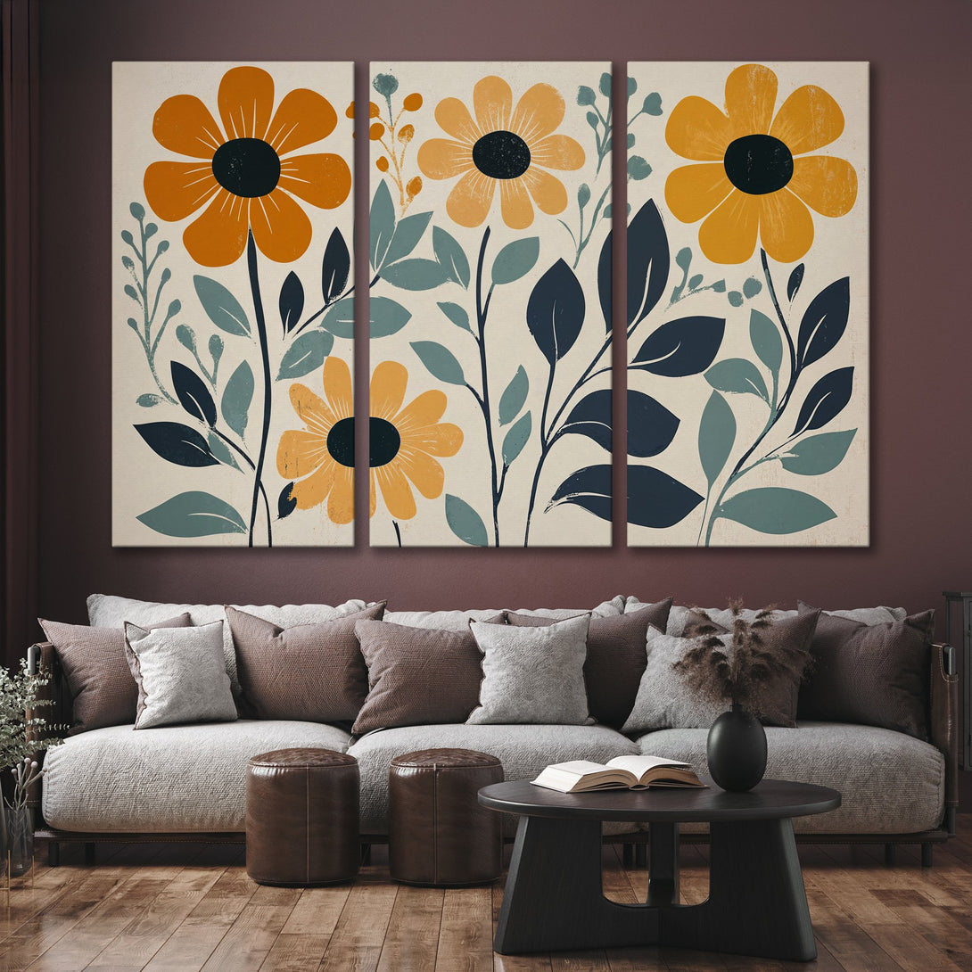 Canvas Print: Modern floral art in warm orange, navy, and teal tones. Perfect for adding a touch of nature and style to your living room!