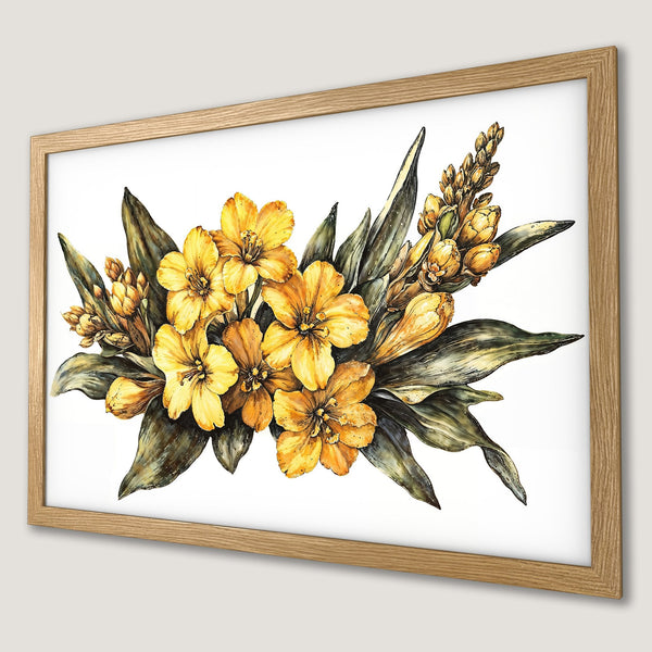 Framed Poster featuring a watercolor floral arrangement with yellow and green hues, perfect for adding a touch of nature to your space.