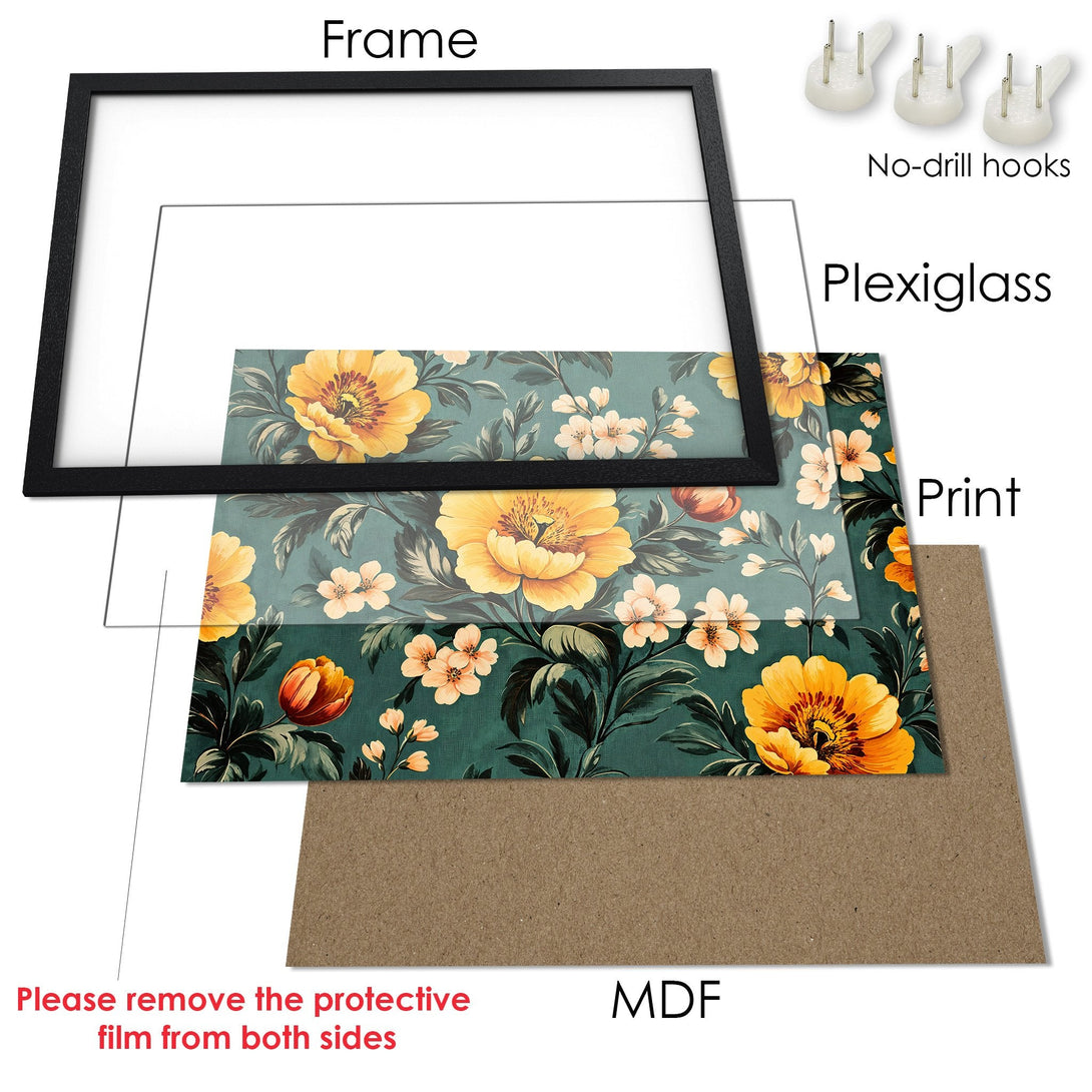 Framed Poster featuring a floral design in a vintage style with a teal and yellow color palette. Enhance your home decor with this beautiful print.