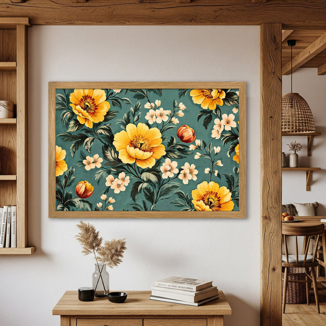 Framed Poster featuring a floral design in yellow and teal. Perfect wall art for a touch of elegance and style.