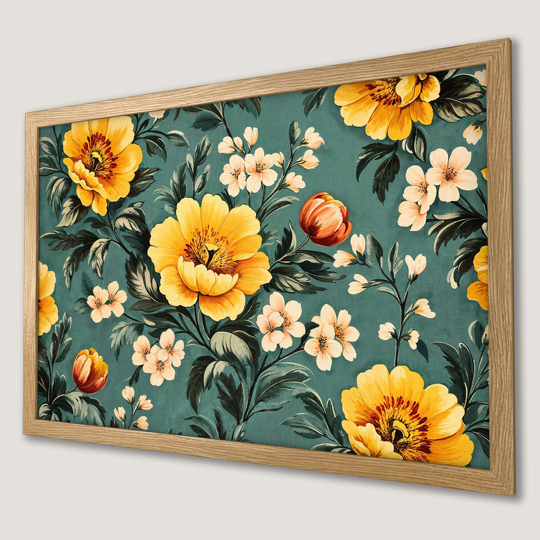 Framed Poster featuring vibrant yellow floral design on teal background. Vintage style art print with botanical elements, perfect wall decor.