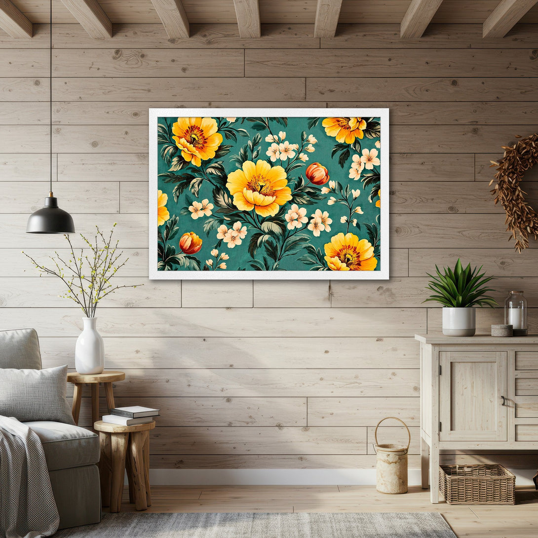 Framed Poster featuring vibrant floral art in yellow and teal, perfect for adding a touch of nature-inspired style to your home decor.