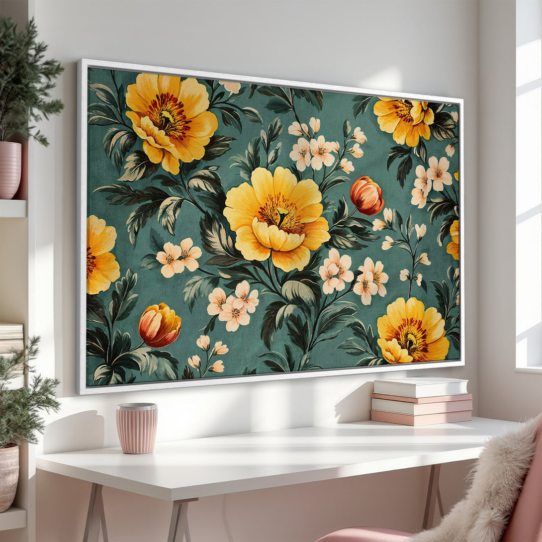 Framed Wall Art: Vintage floral Canvas Print with yellow and green flowers. Adds a touch of elegance and color to any room. Shop now!