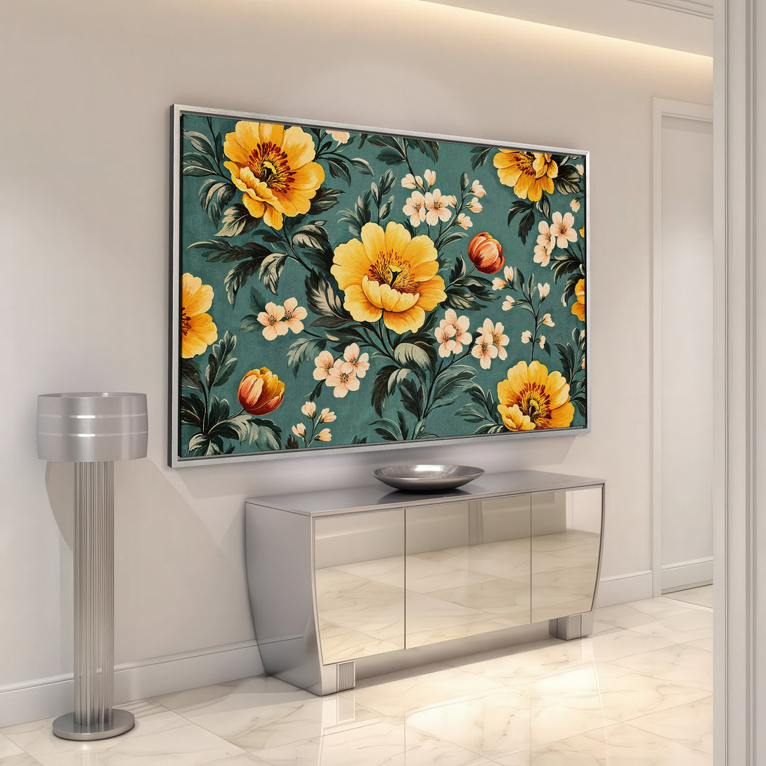 Framed Wall Art featuring a floral pattern with yellow and teal hues, perfect for adding a touch of elegance to any interior space.