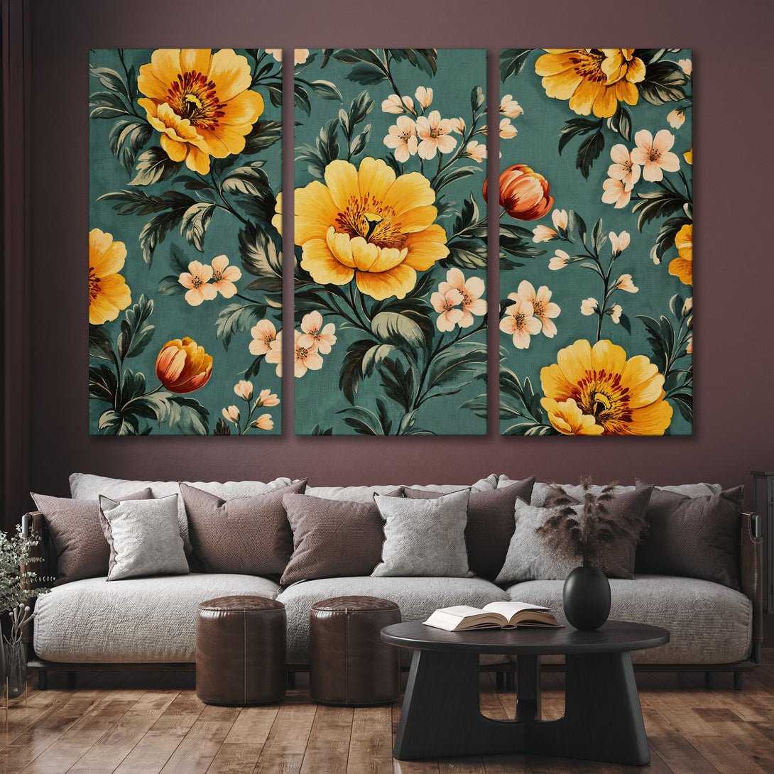 Canvas Print triptych featuring vibrant yellow floral pattern on teal background. Adds a touch of elegance with its botanical style and warm color palette.