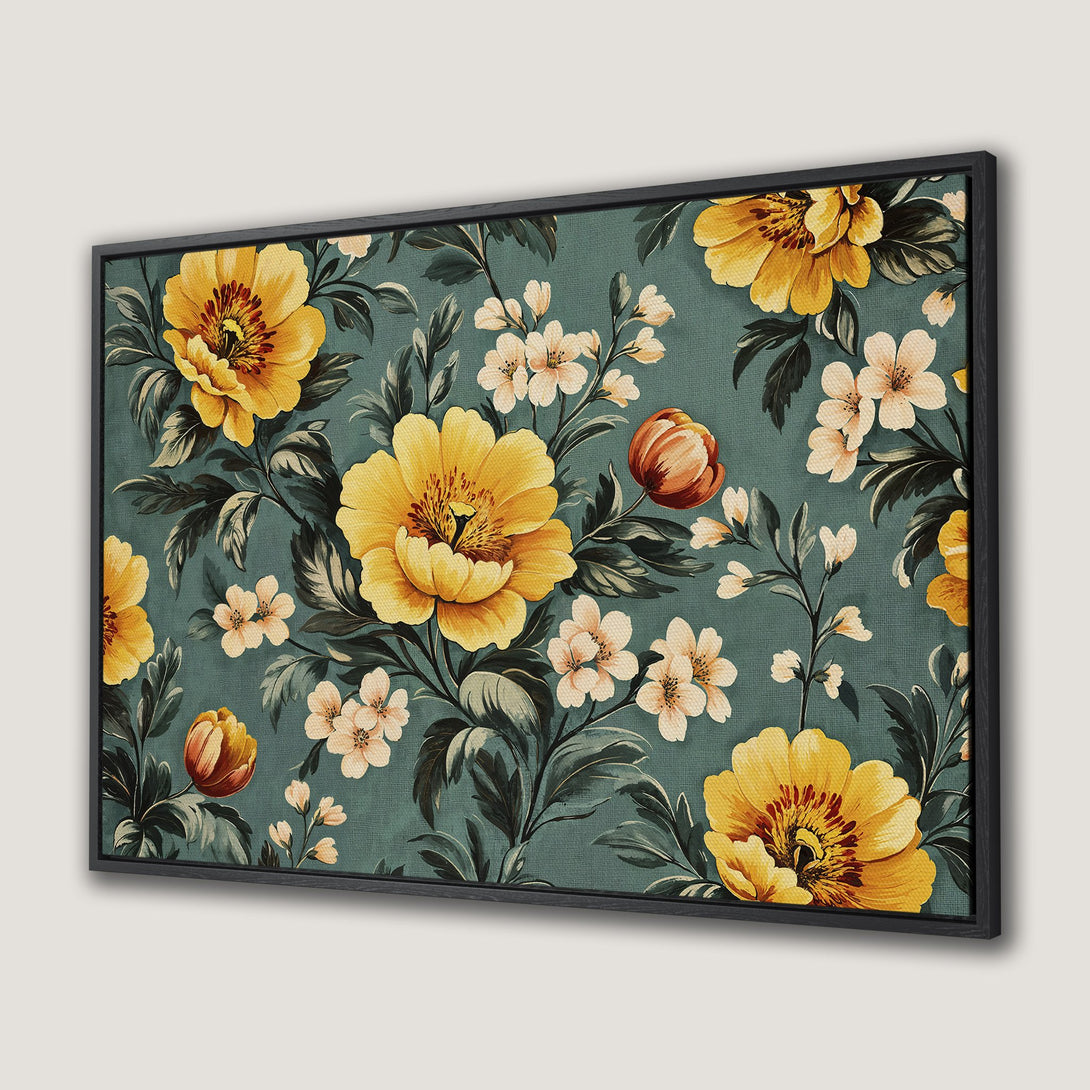 Framed Wall Art featuring a vintage floral pattern with yellow and white blooms on a teal background. Perfect for adding a touch of elegance!