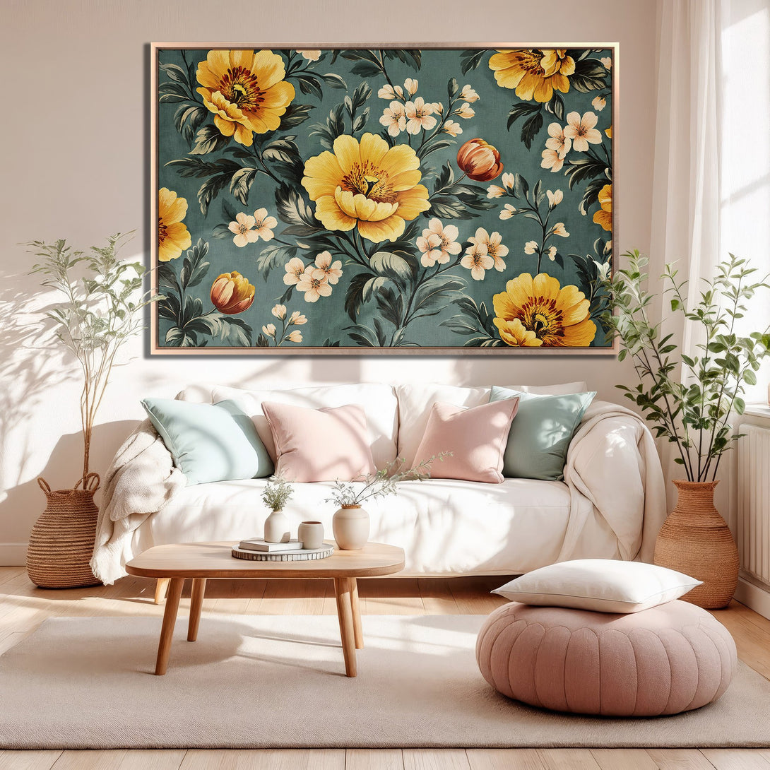 Framed Wall Art: Floral Canvas Print with yellow flowers on teal background. Adds a touch of elegance and color to any living room.