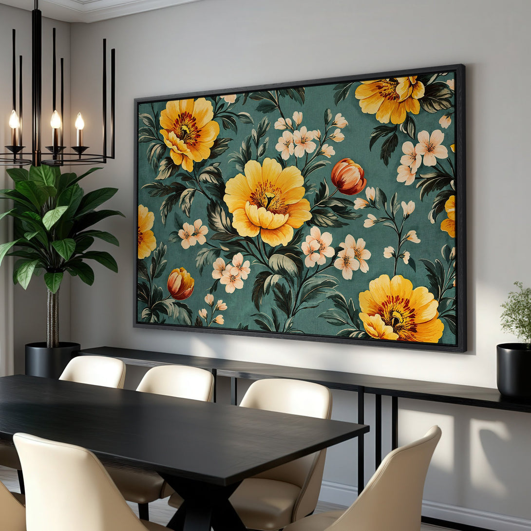 Framed Wall Art featuring vibrant yellow floral design on teal background. Adds a touch of elegance and color to any space. Perfect for dining rooms!