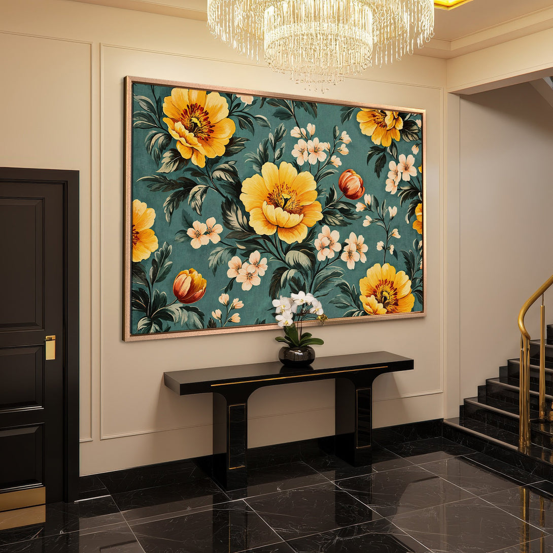 Framed Wall Art featuring vibrant yellow floral design on teal background. Adds a touch of elegance to any interior space.