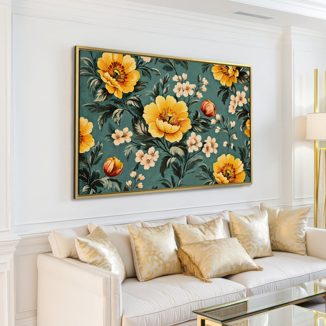 Canvas Print featuring a floral pattern with yellow and teal tones, adding a touch of vintage charm to any living room.