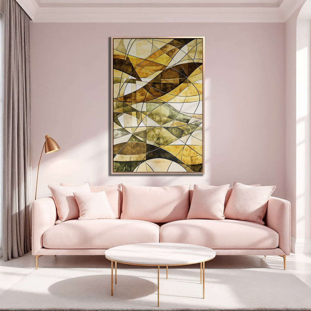 Framed Wall Art: Abstract geometric design in warm earth tones, displayed in a modern living room with a pink sofa. Elevate your space with stylish art!