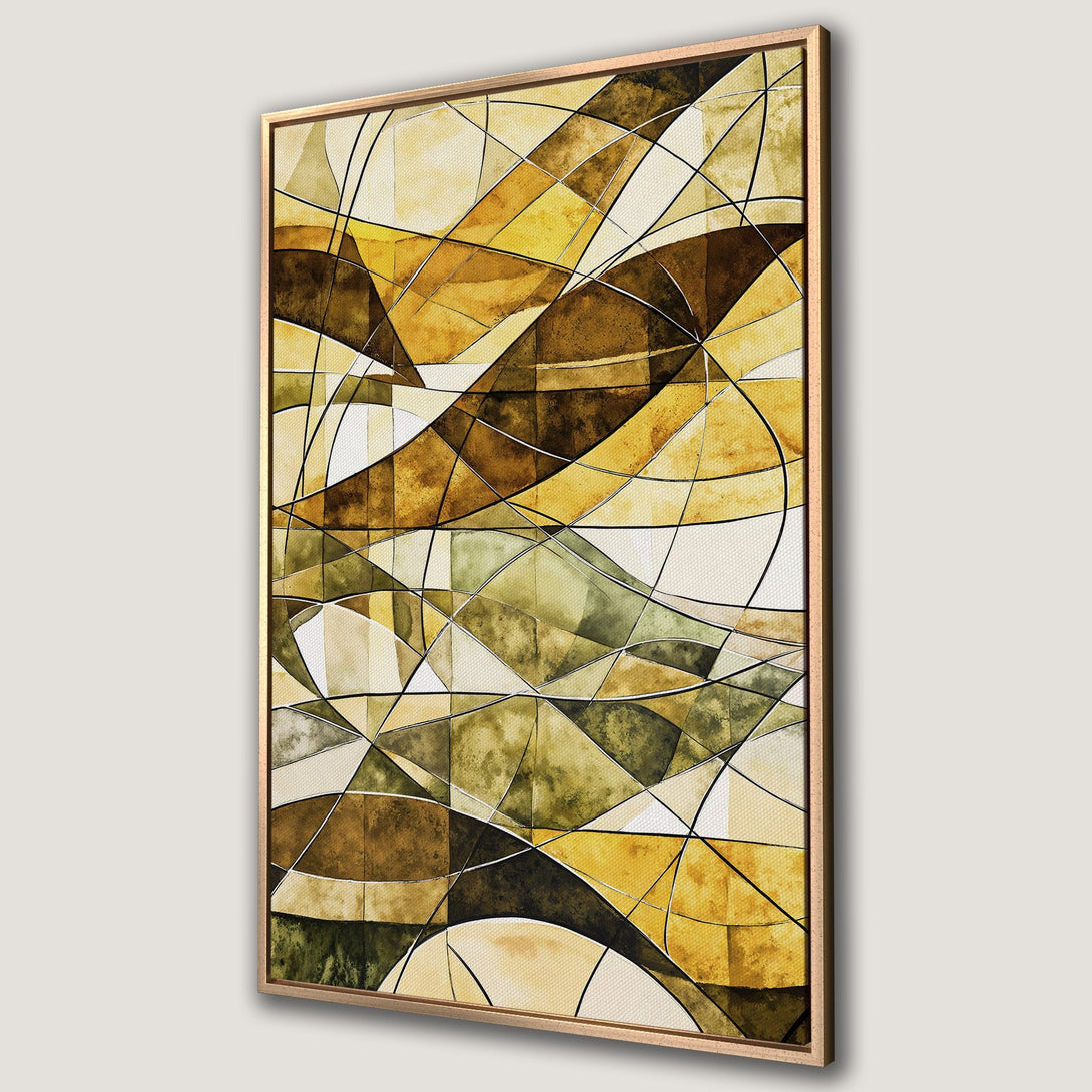 Framed Wall Art featuring an abstract geometric design in warm yellow, brown, and green tones. Modern canvas print perfect for living room decor.