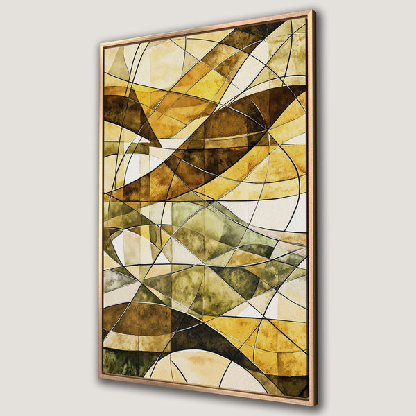 Framed Wall Art featuring an abstract geometric design in warm yellow, brown, and green tones. Modern canvas print perfect for living room decor.