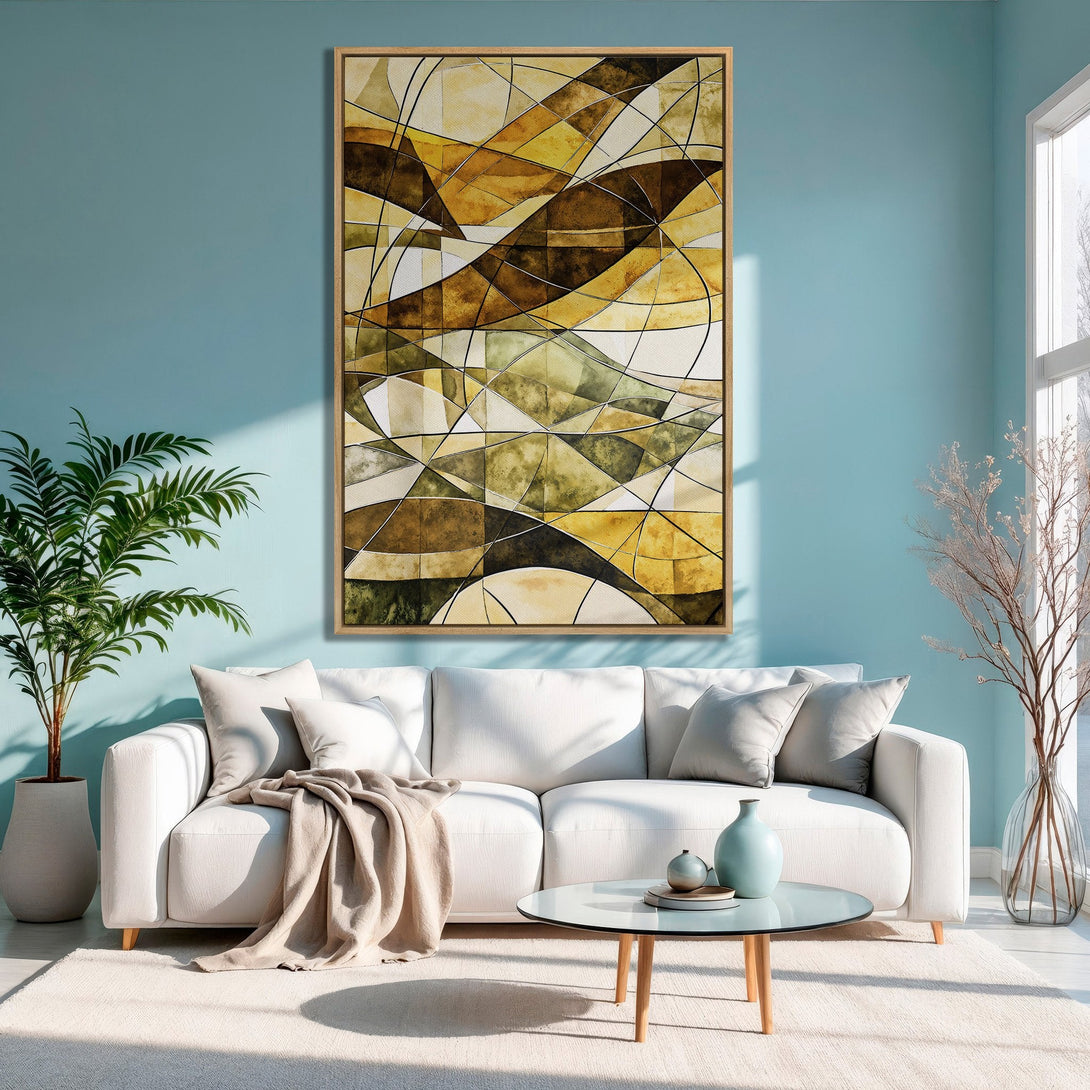 Framed Wall Art: Abstract geometric art in warm earth tones. Modern living room decor with a calming blue wall and neutral color palette.