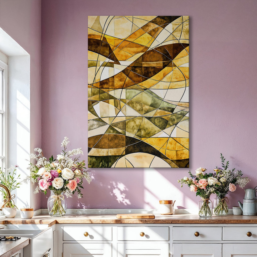 Framed Wall Art: Abstract geometric canvas print in warm yellow and brown tones, perfect for modern living room decor.