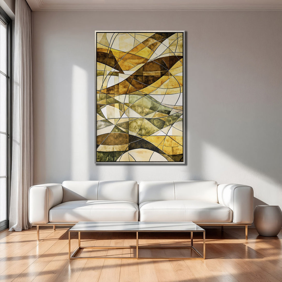 Framed Wall Art: Abstract geometric art in warm earth tones. Modern canvas print adds style to living room decor. Shop now!