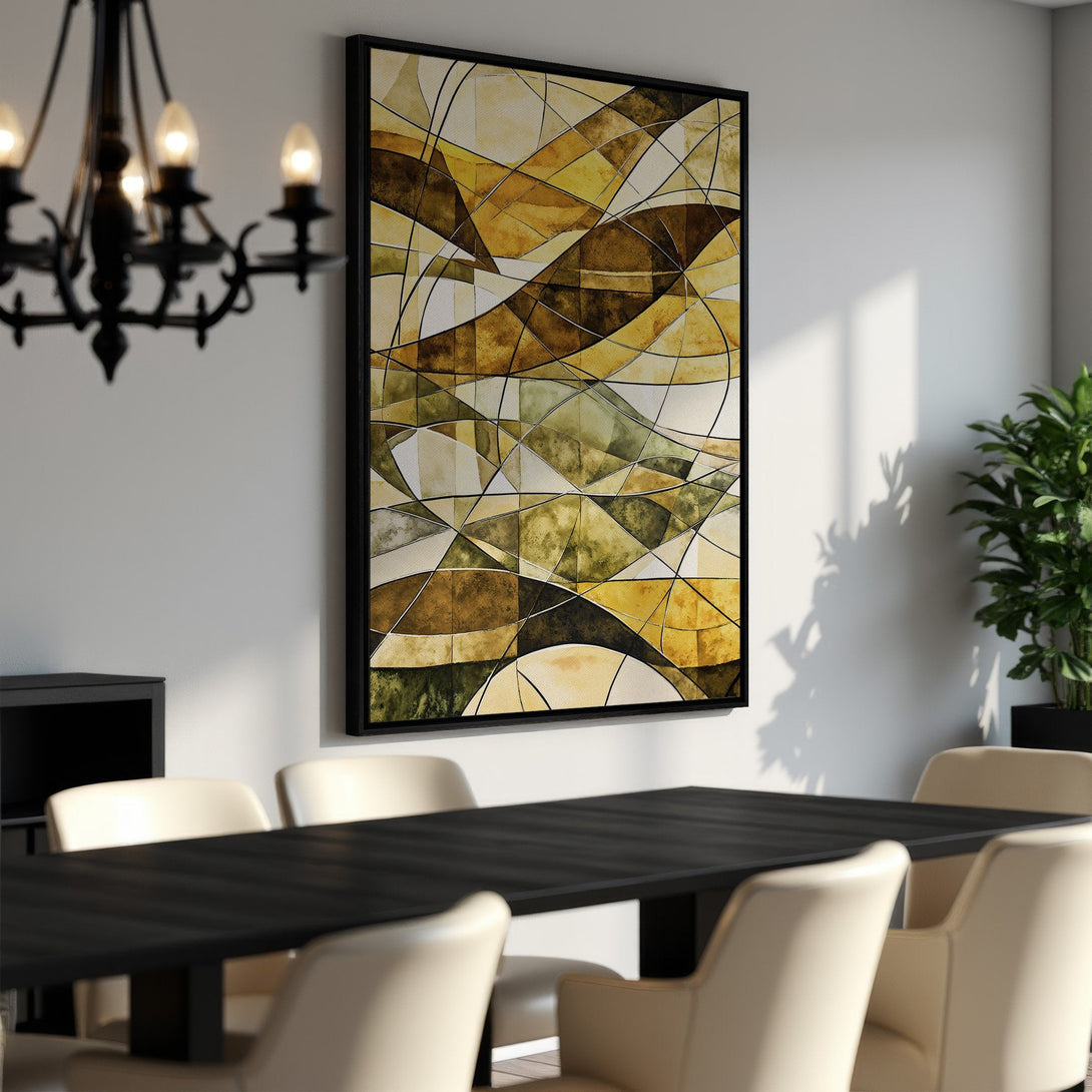 Framed Wall Art featuring an abstract geometric design in warm earth tones. Modern art for dining room decor. Canvas print with a black frame.