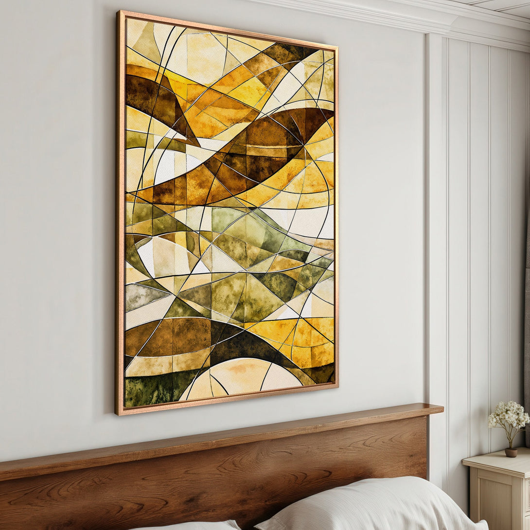 Framed Wall Art: Abstract watercolor art in warm yellow and brown tones. Modern decor featuring geometric shapes. Perfect for bedroom or living room.
