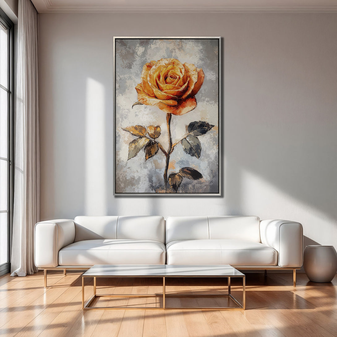 Framed Wall Art: Stunning yellow rose painting in a modern interior. Warm, inviting color palette. Perfect for living room decor.