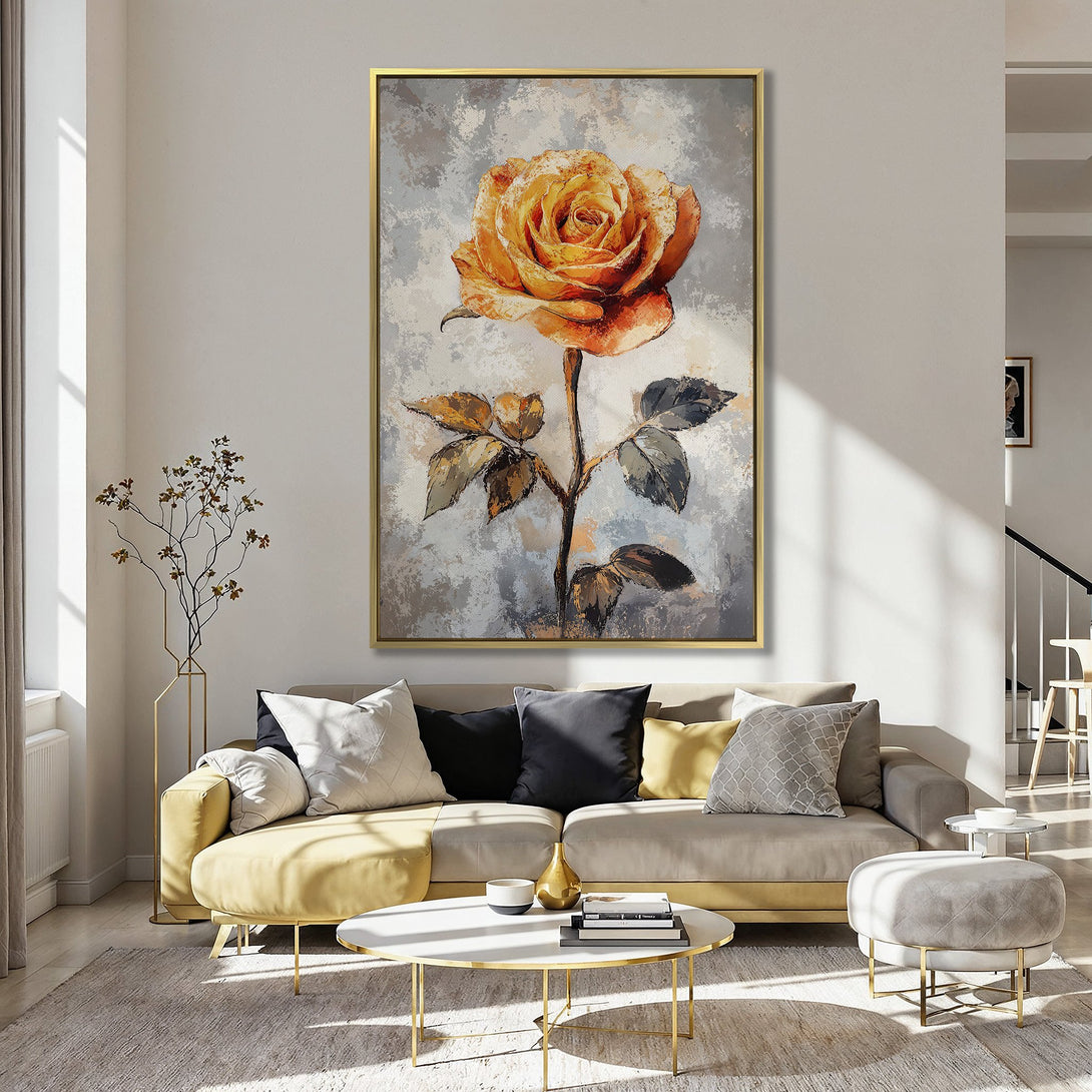 Canvas Print of a vibrant orange rose, painted in an impressionistic style. Adds warmth with its earthy tones against a soft gray background.