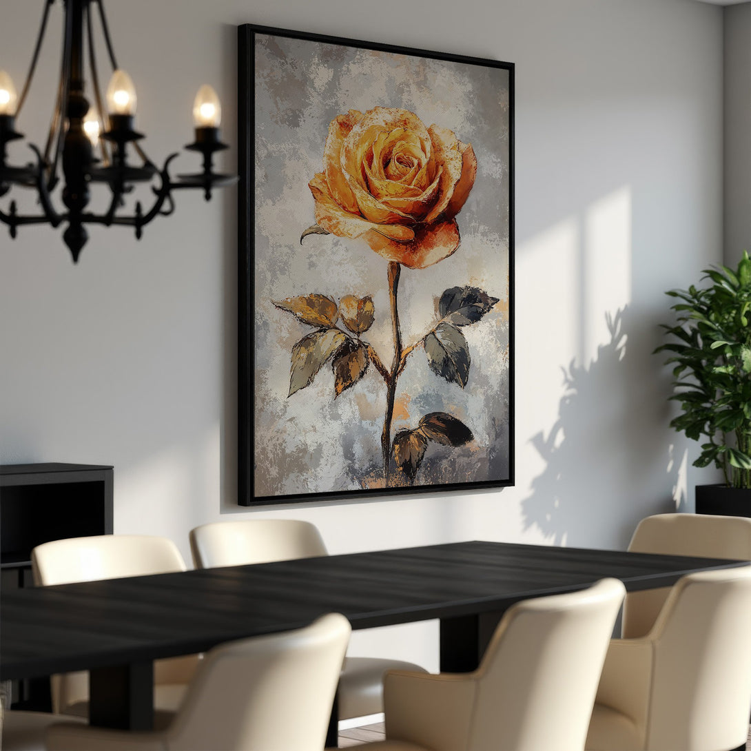 Framed Wall Art featuring a stunning yellow rose painting. Modern abstract style with warm, earthy tones, perfect for adding elegance to any space.