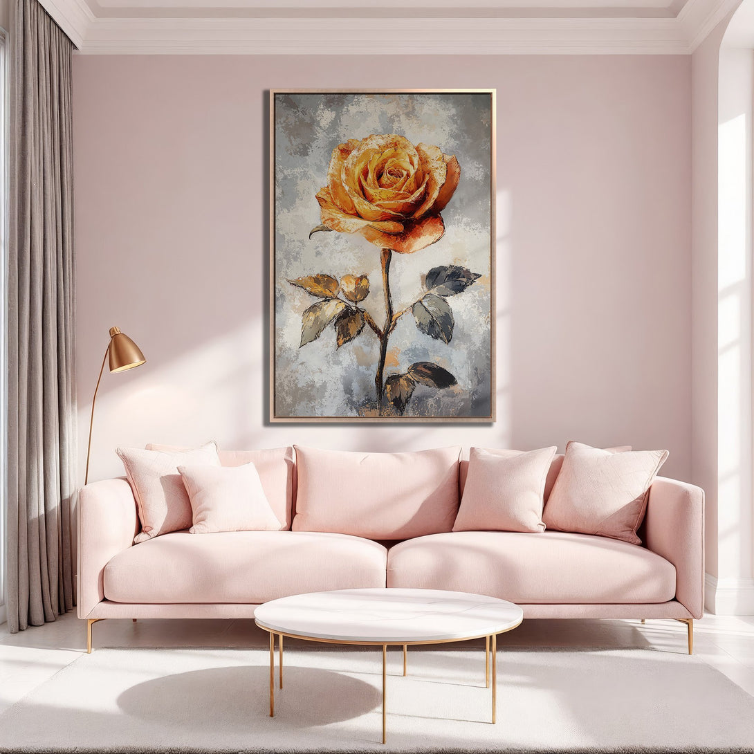 Framed Wall Art featuring a stunning orange rose painting, perfect for adding a touch of elegance to your living room. Soft, warm color palette.