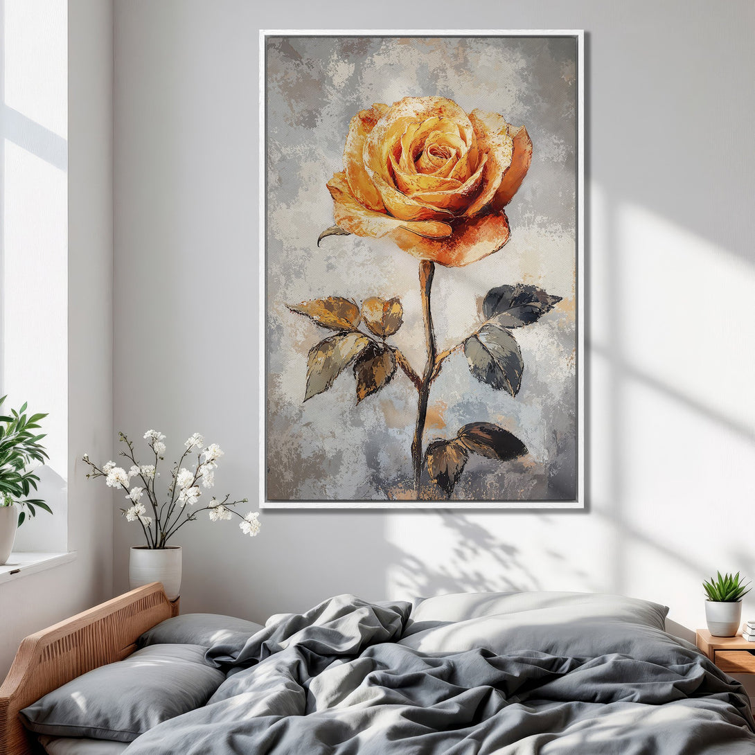 Framed Wall Art: Stunning rose painting in warm yellow and gray tones. Perfect for bedroom decor, adding a touch of elegance and style.
