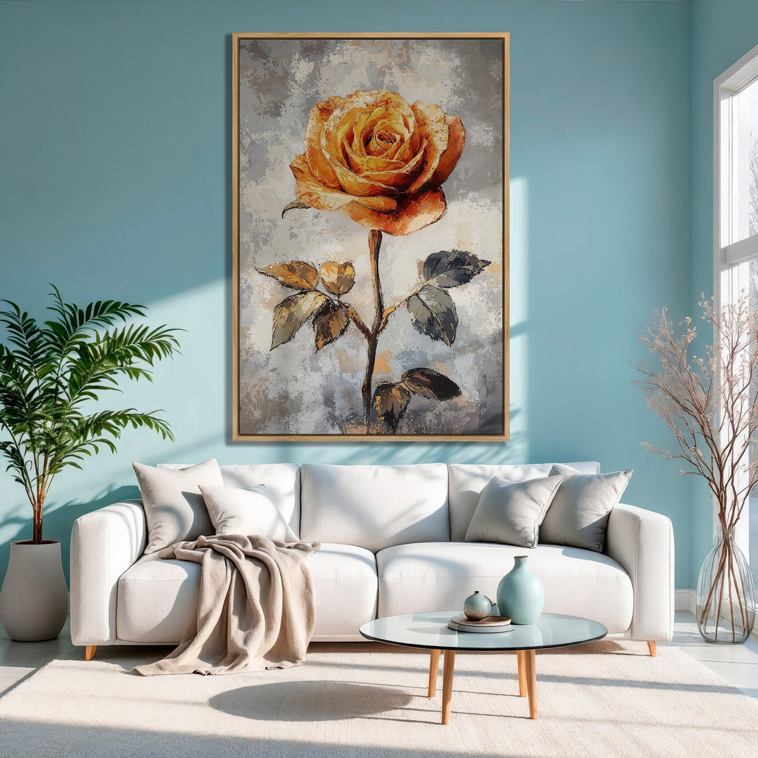Framed Wall Art: Stunning abstract rose canvas print in warm orange and gray tones, perfect for adding a touch of elegance to your living room.