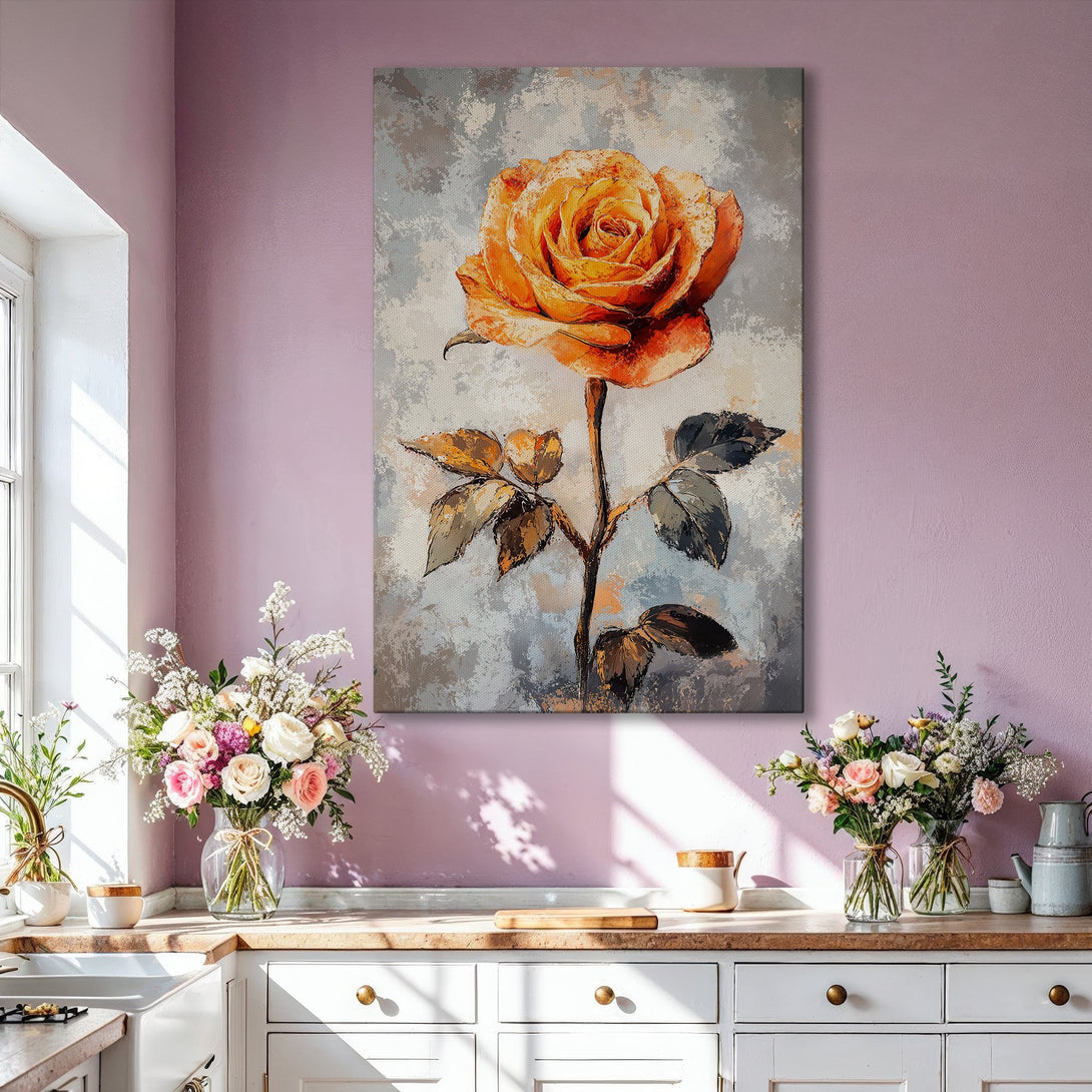 Framed Wall Art: Stunning yellow rose painting in a modern interior. Warm color palette adds elegance. Perfect for living room decor.
