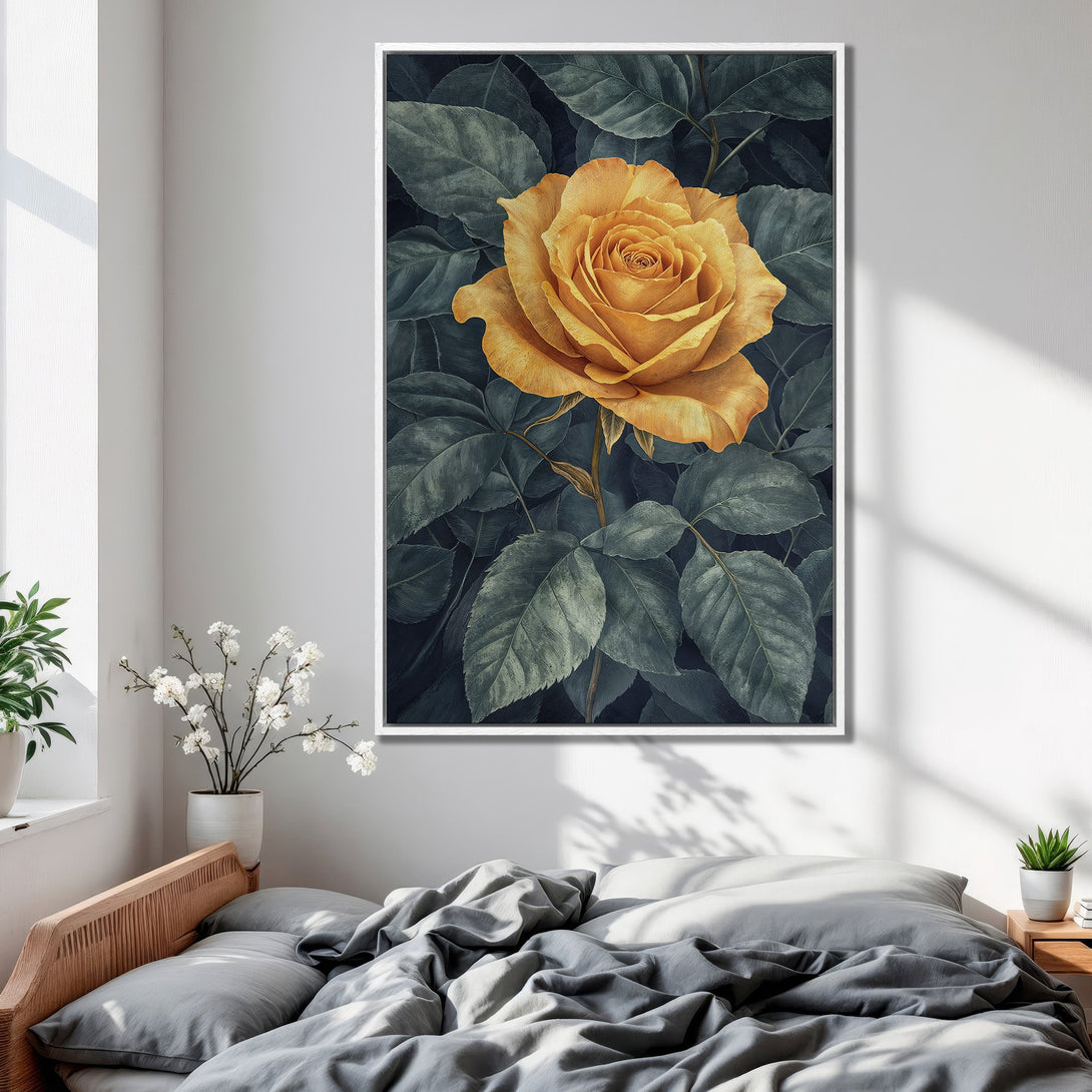 Framed Wall Art: Stunning yellow rose canvas print in a bedroom. Botanical illustration style with a moody, green and gold color palette. Elevate your space!
