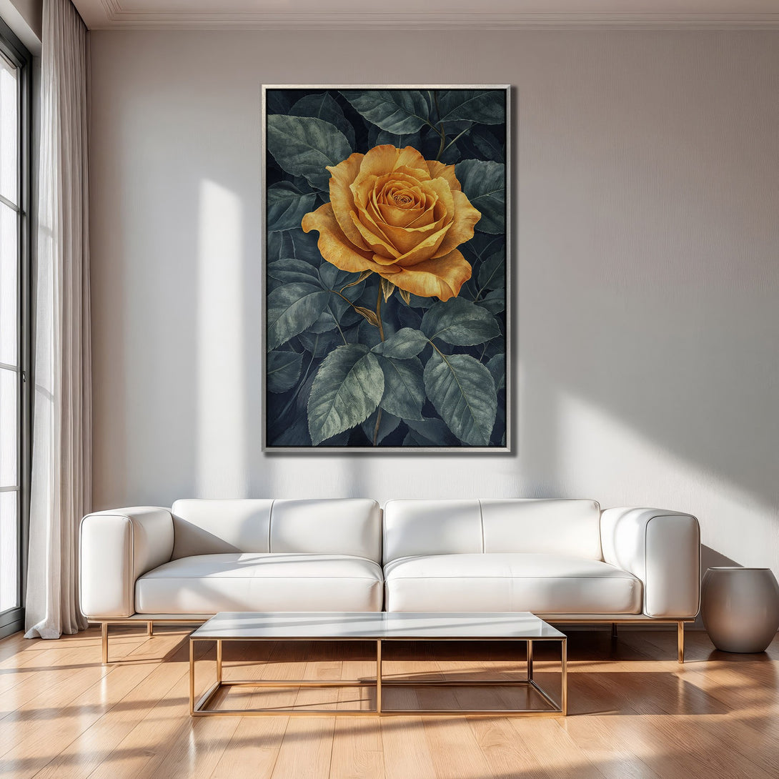 Framed Wall Art: Stunning yellow rose Canvas Print, botanical art in a modern interior with a moody, dark green and gold color palette.