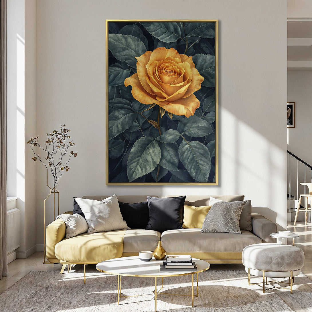 Canvas Print of a vibrant yellow rose against dark green leaves. Botanical art with a warm, inviting color palette. Perfect floral wall decor.