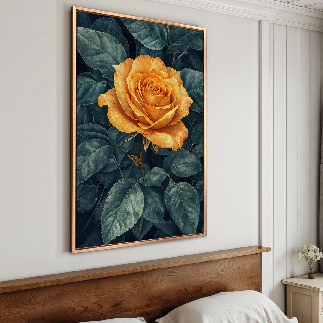 Framed Wall Art: Stunning yellow rose canvas print with teal leaves. Botanical art in a modern interior. Warm color palette for stylish home decor.