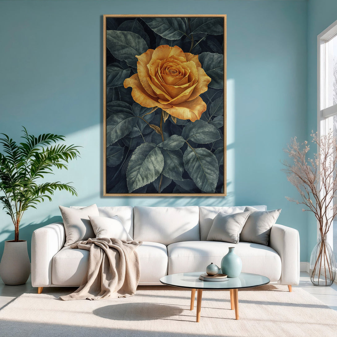 Framed Wall Art featuring a stunning yellow rose, botanical style, in a room with a teal and neutral color palette. Perfect for modern decor!