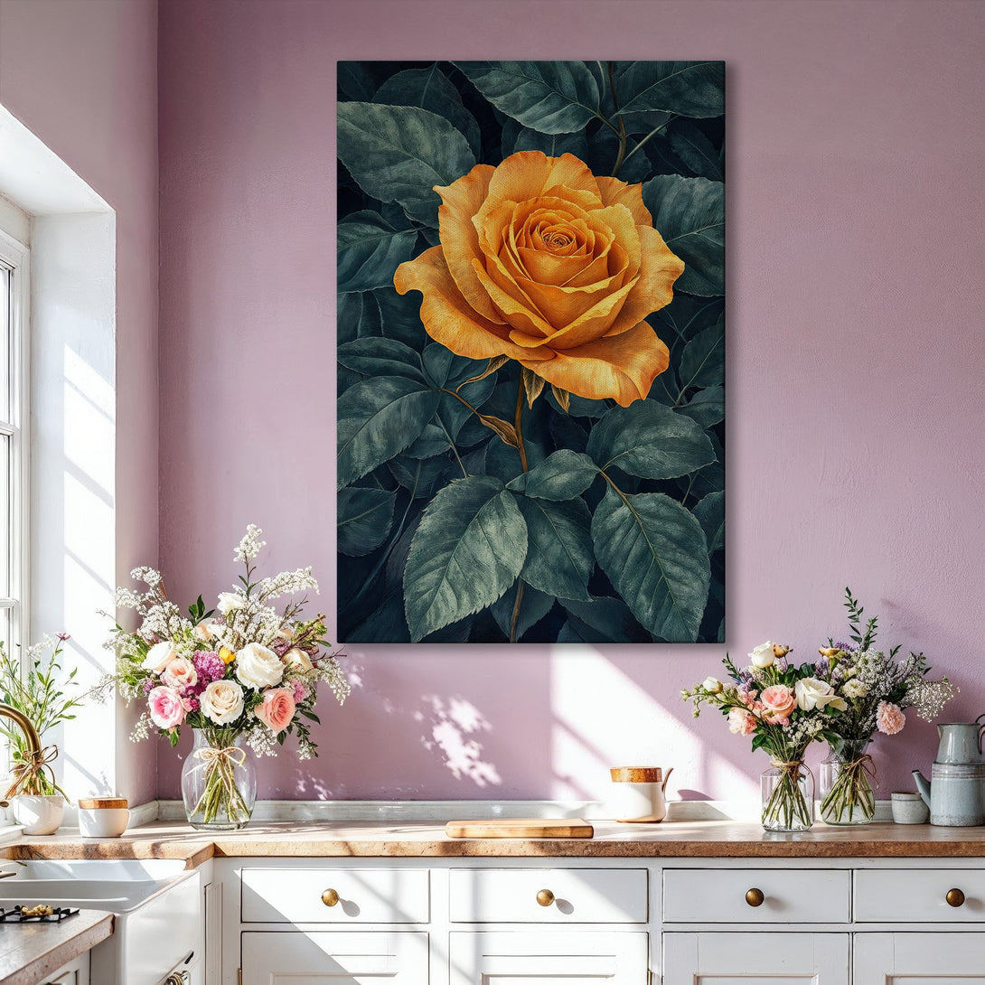 Framed Wall Art: Stunning yellow rose canvas print. Botanical art with a moody, dark green and gold color palette. Perfect for adding elegance to your home.
