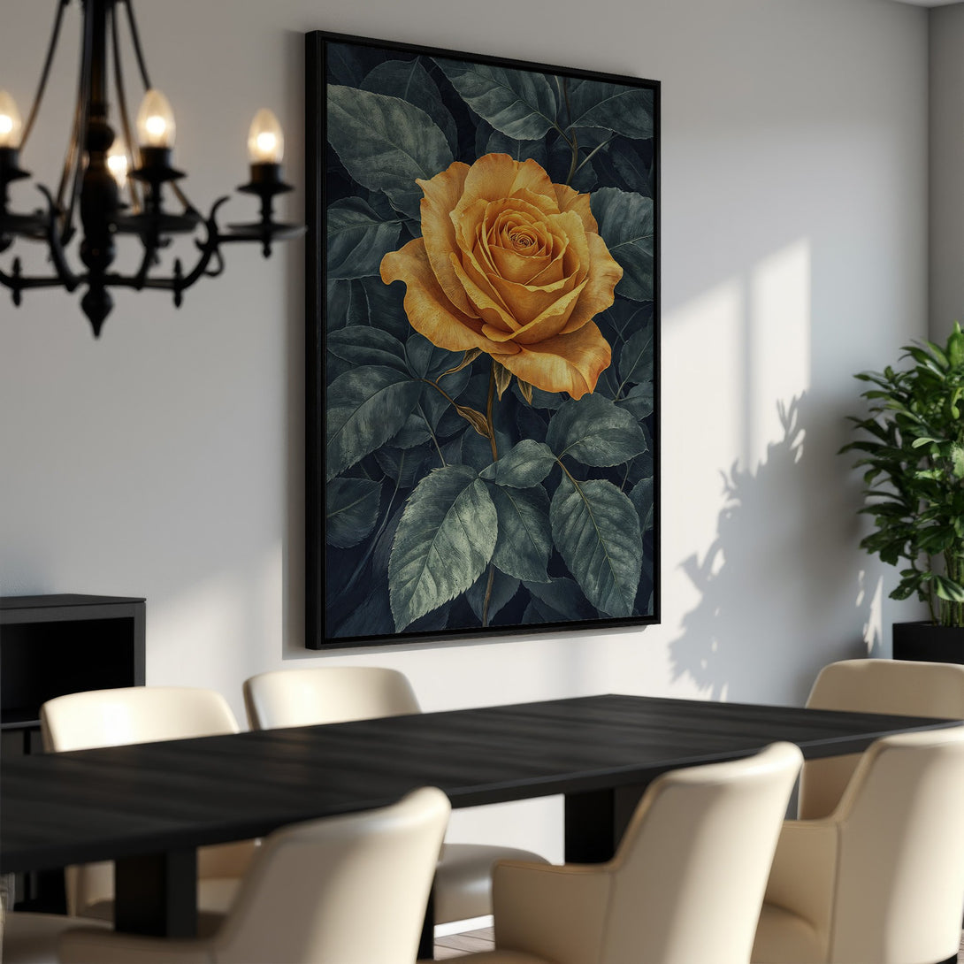 Framed Wall Art: Stunning yellow rose canvas print in a dining room. Botanical art with a dark, moody color palette. Elevate your space!