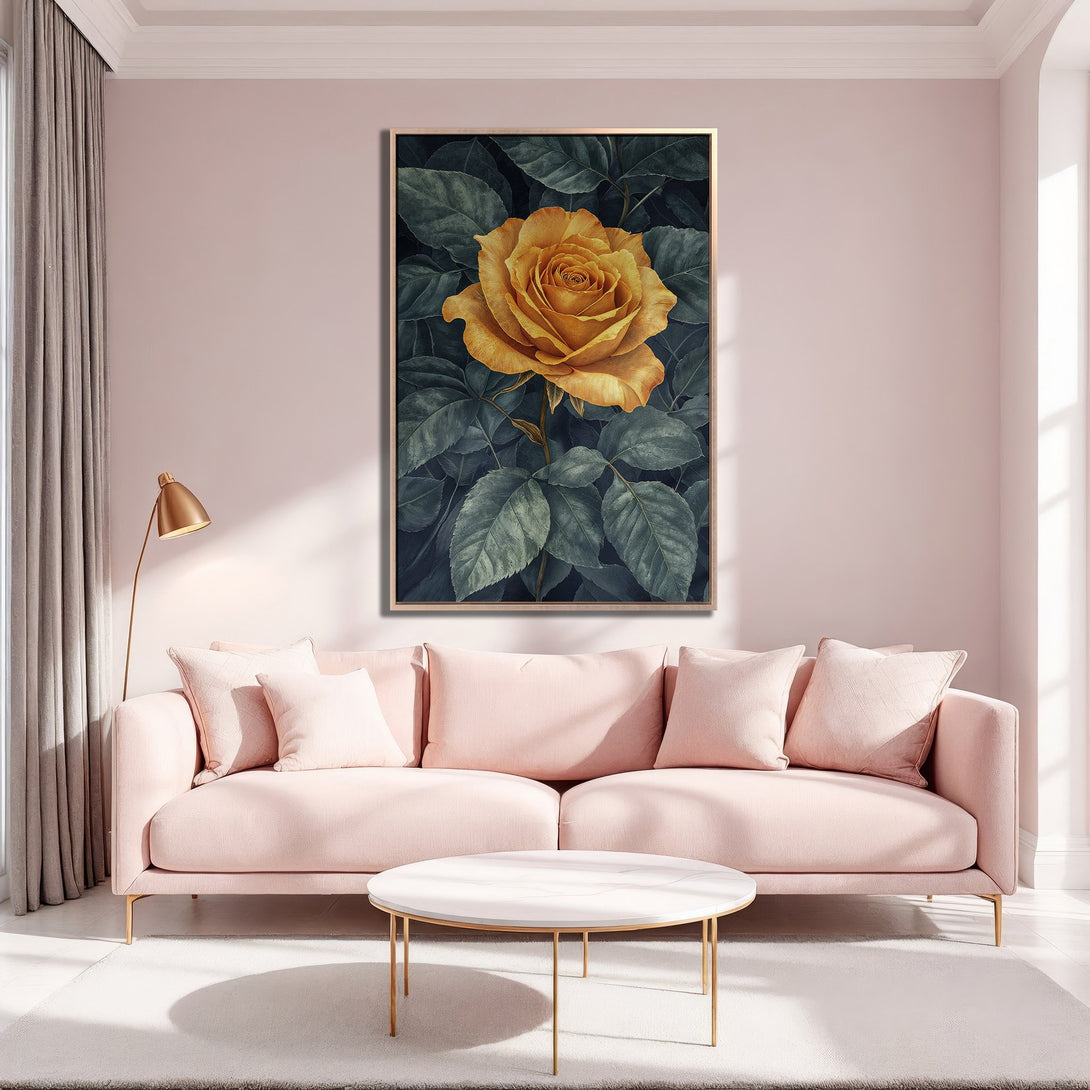 Framed Wall Art featuring a stunning yellow rose against dark green foliage. Elegant floral art with a blush and gold color palette, perfect for any interior.